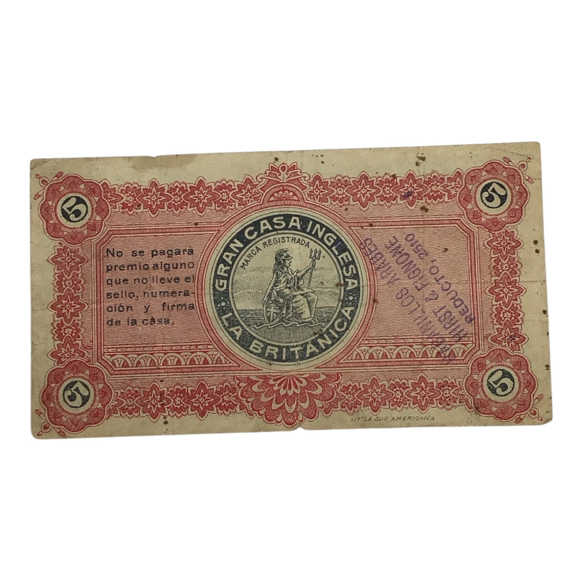 1912 Gran Casa Inglesa 'La Britanica' 5 Centesimos Bill