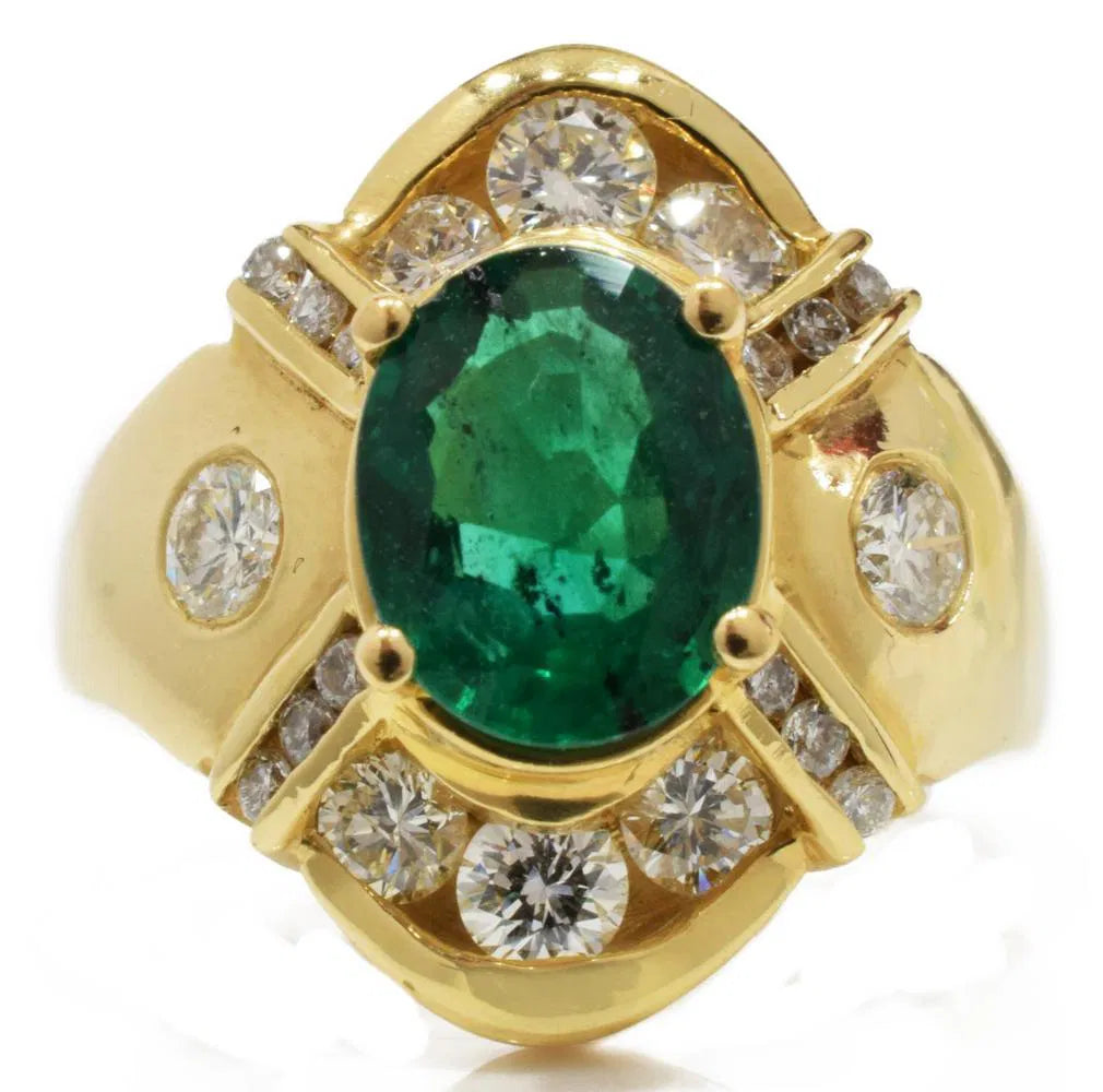 14KT Yellow Gold Ring w/ 1.65ct Emerald & 1.00ct Diamond Accents