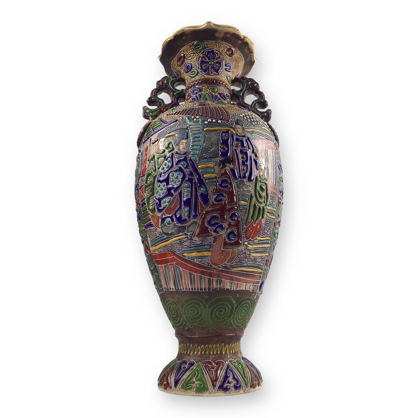 1870s Satsuma Meiji Era Two-Eared Temple Urn Vase – 18" Hand-Painted