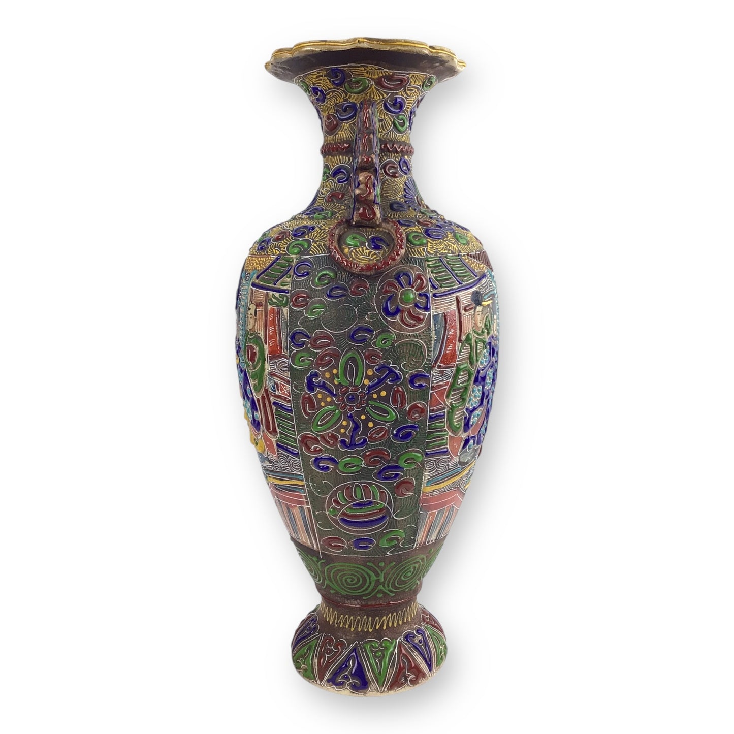 1870s Satsuma Meiji Era Two-Eared Temple Urn Vase – 18" Hand-Painted
