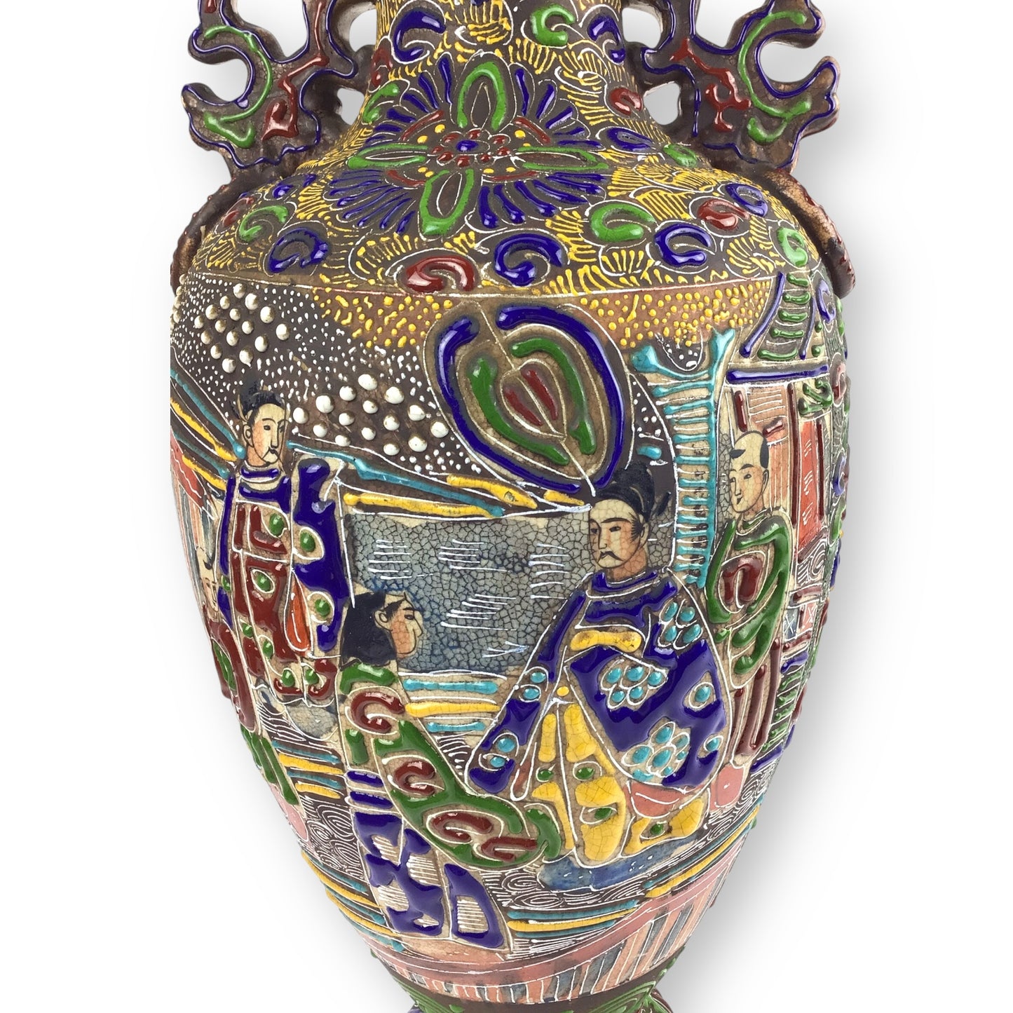 1870s Satsuma Meiji Era Two-Eared Temple Urn Vase – 18" Hand-Painted