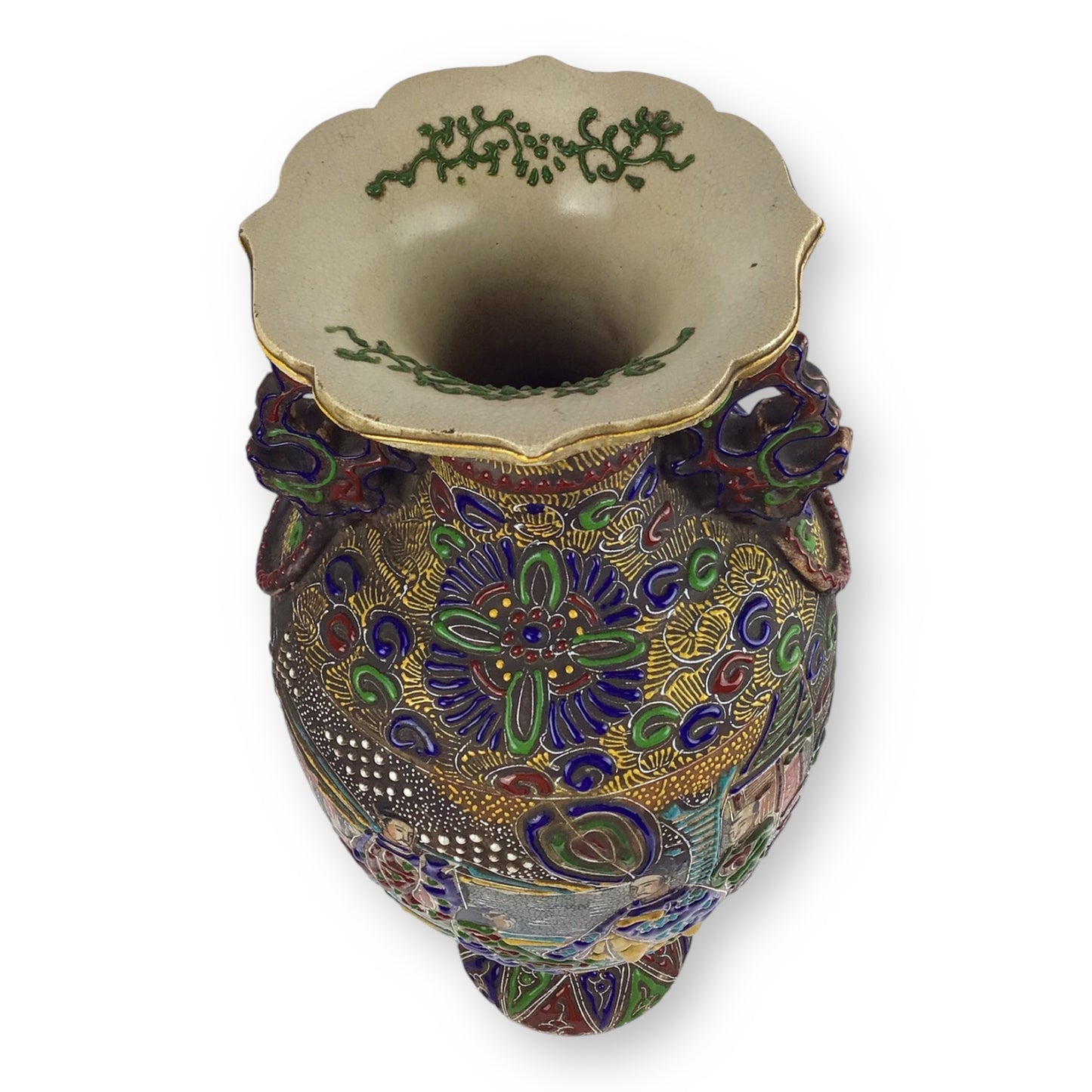 1870s Satsuma Meiji Era Two-Eared Temple Urn Vase – 18" Hand-Painted