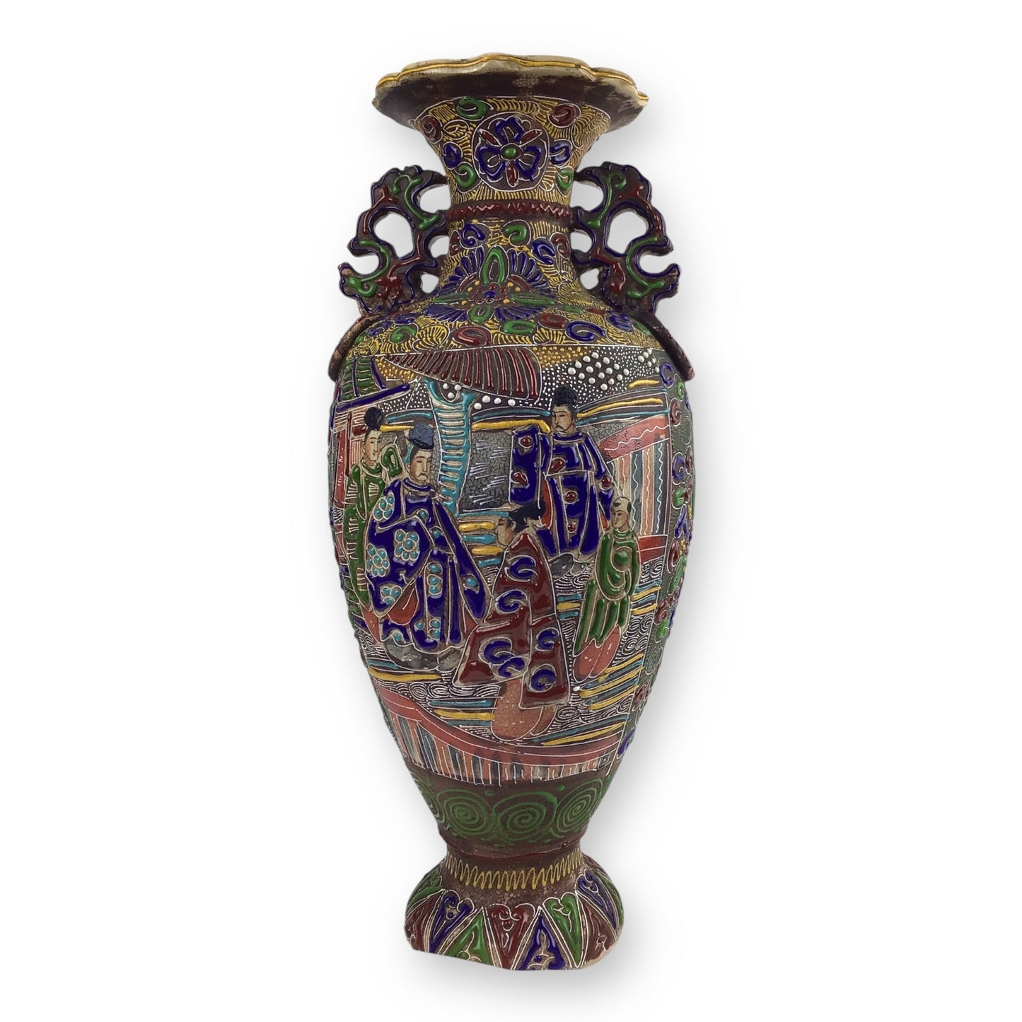 1870s Satsuma Meiji Era Two-Eared Temple Urn Vase – 18" Hand-Painted