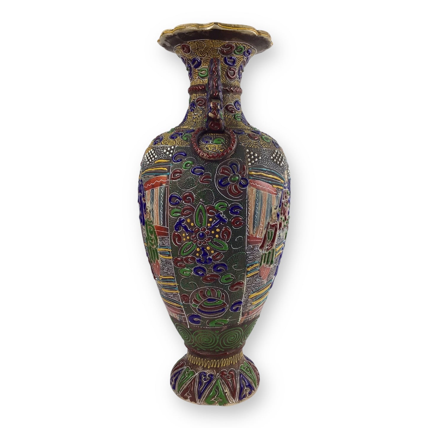 1870s Satsuma Meiji Era Two-Eared Temple Urn Vase – 18" Hand-Painted