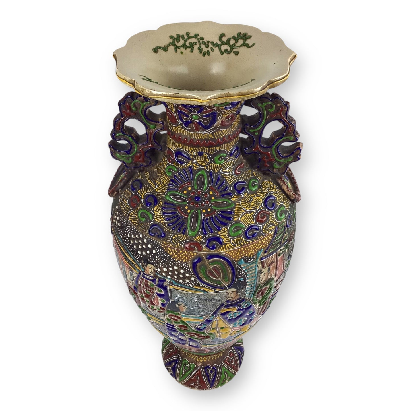 1870s Satsuma Meiji Era Two-Eared Temple Urn Vase – 18" Hand-Painted