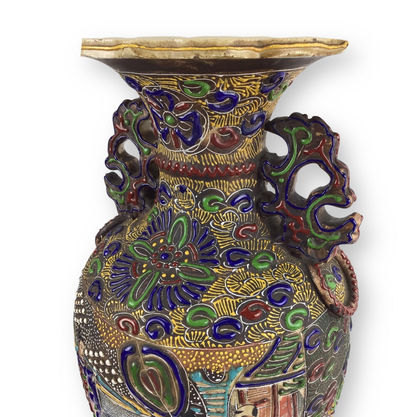 1870s Satsuma Meiji Era Two-Eared Temple Urn Vase – 18" Hand-Painted