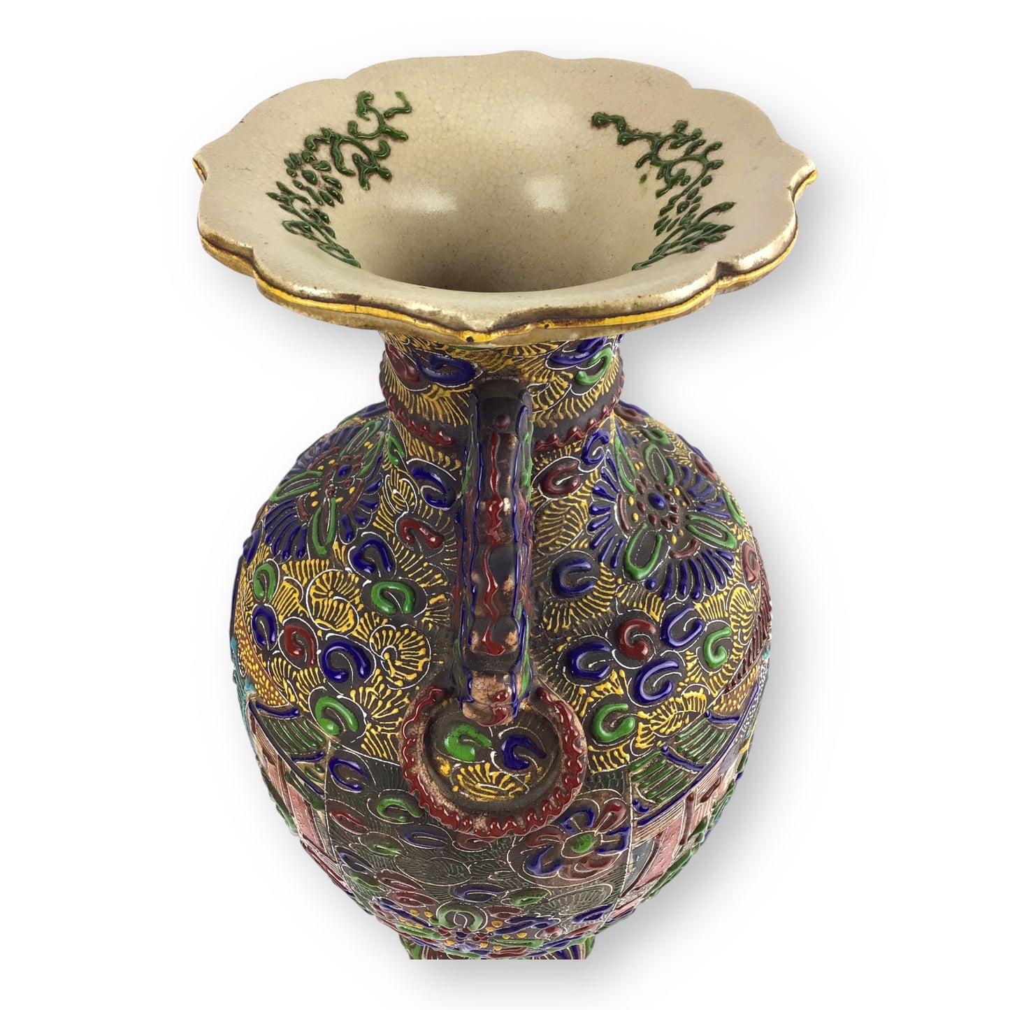 1870s Satsuma Meiji Era Two-Eared Temple Urn Vase – 18" Hand-Painted