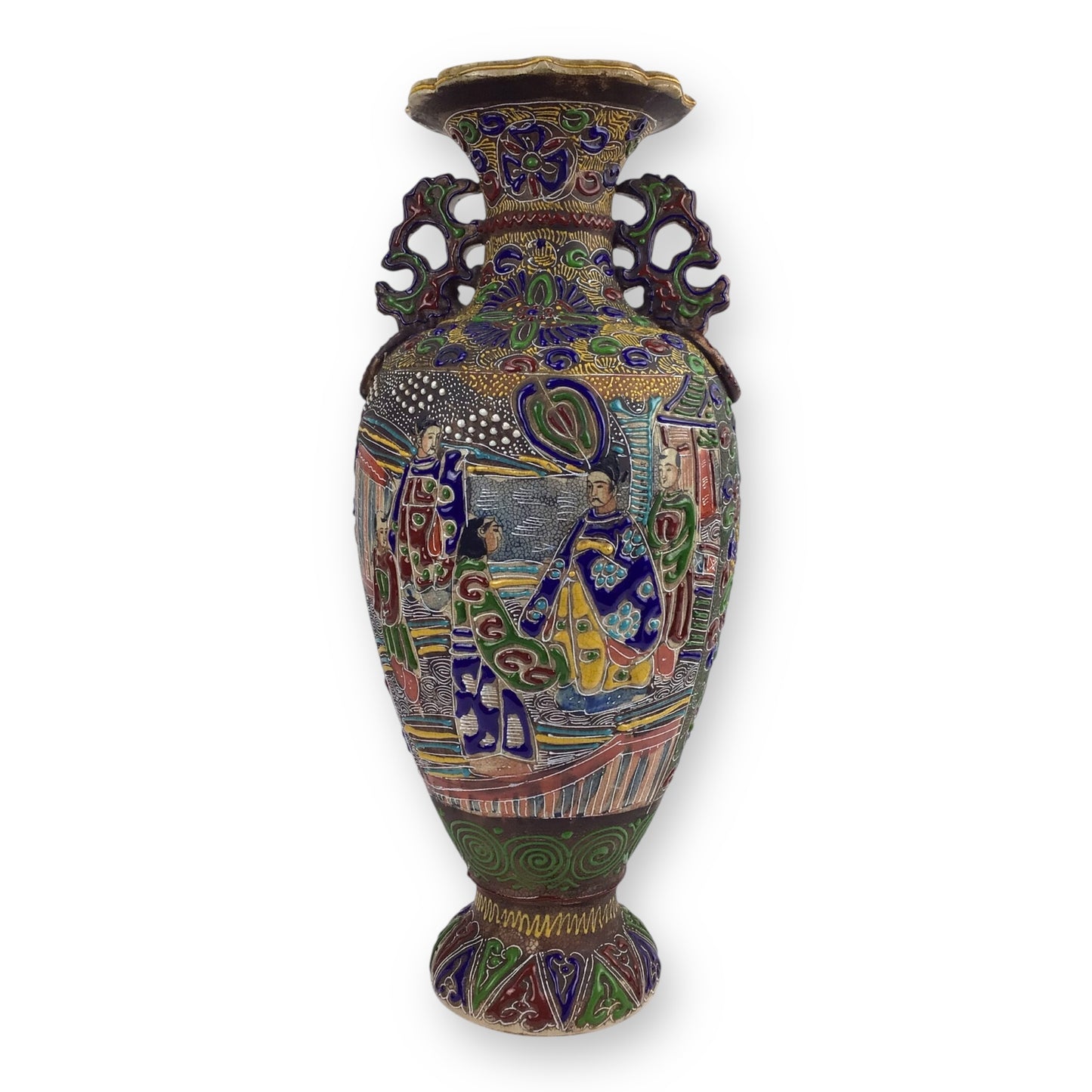 1870s Satsuma Meiji Era Two-Eared Temple Urn Vase – 18" Hand-Painted