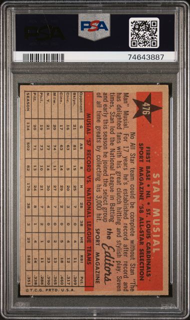 1958 Topps #476 Stan Musial St. Louis Cardinals All-Star HOF PSA 4 VG-EX