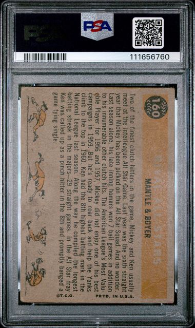 1960 Topps Rival All Stars #160 Mantle & Boyer PSA 2(MK) Nice Centering!