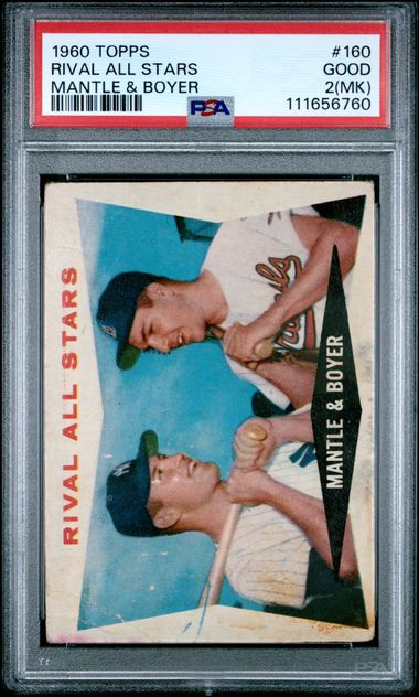 1960 Topps Rival All Stars #160 Mantle & Boyer PSA 2(MK) Nice Centering!