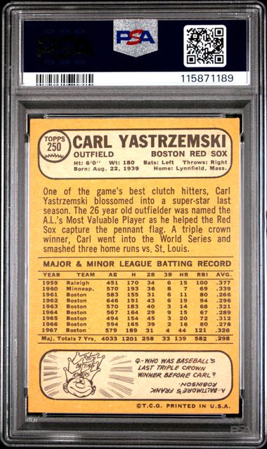 1968 Topps #250 Carl Yastrzemski VG-EX Nice Centering PSA 4 - 115871189