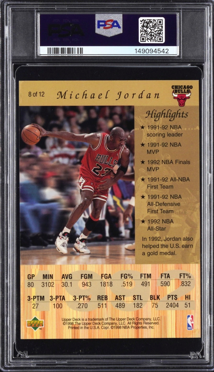 1998 Upper Deck #8 Gatorade Michael Jordan Oversized Card PSA 6 Pop 26 - 149094542