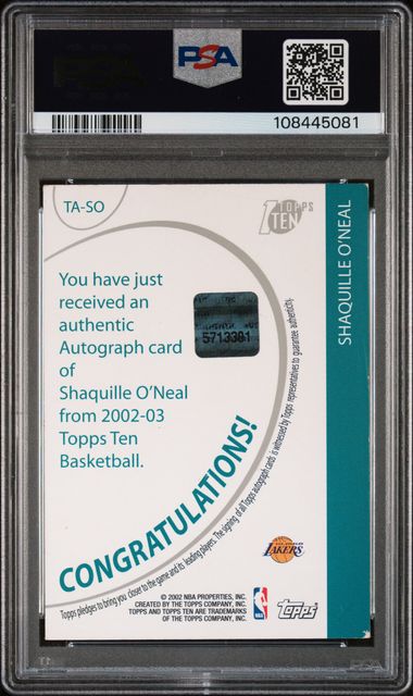 2002 Topps Ten Shaquille O'Neal Rare Auth Auto PSA 7 Pop 1! - 108445081