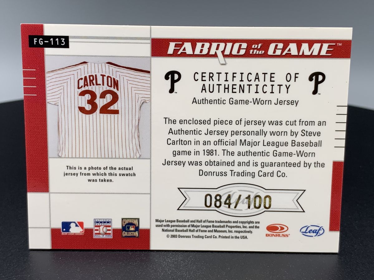 2003 Leaf Certified Steve Carlton Fabric of the Game Phillies 84/100 #FG113