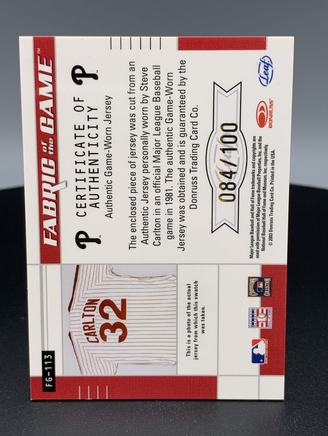 2003 Leaf Certified Steve Carlton Fabric of the Game Phillies 84/100 #FG113