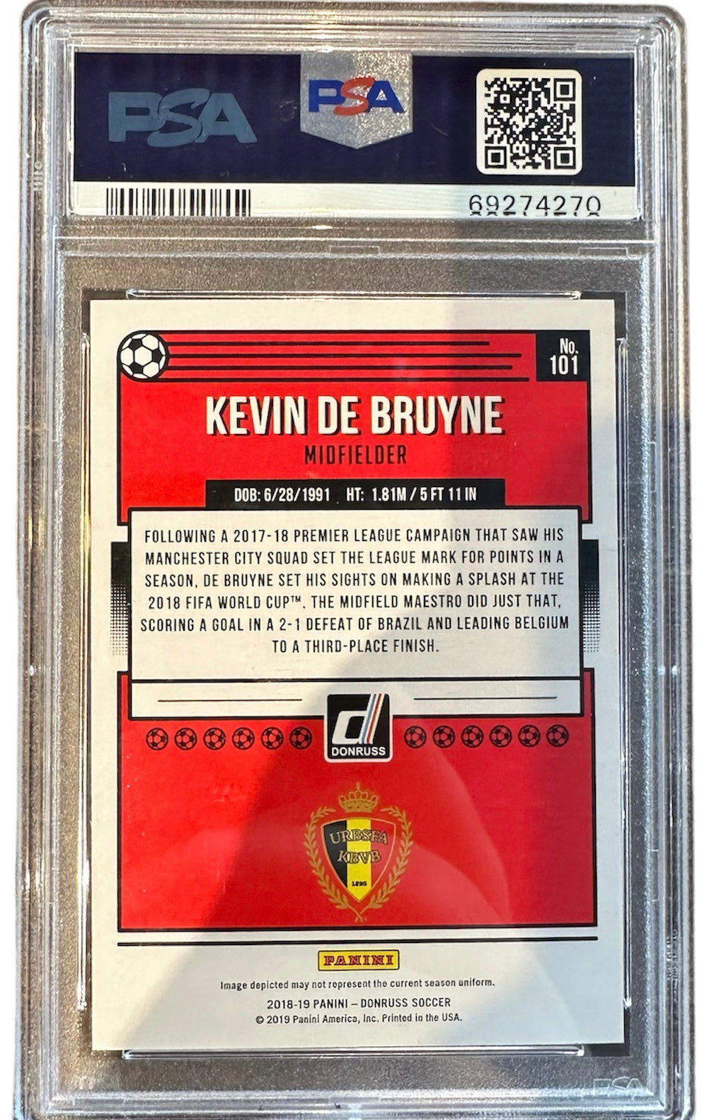2018 Donruss Kevin De Bruyne Press Proof-Gold PSA 9 #101 Card