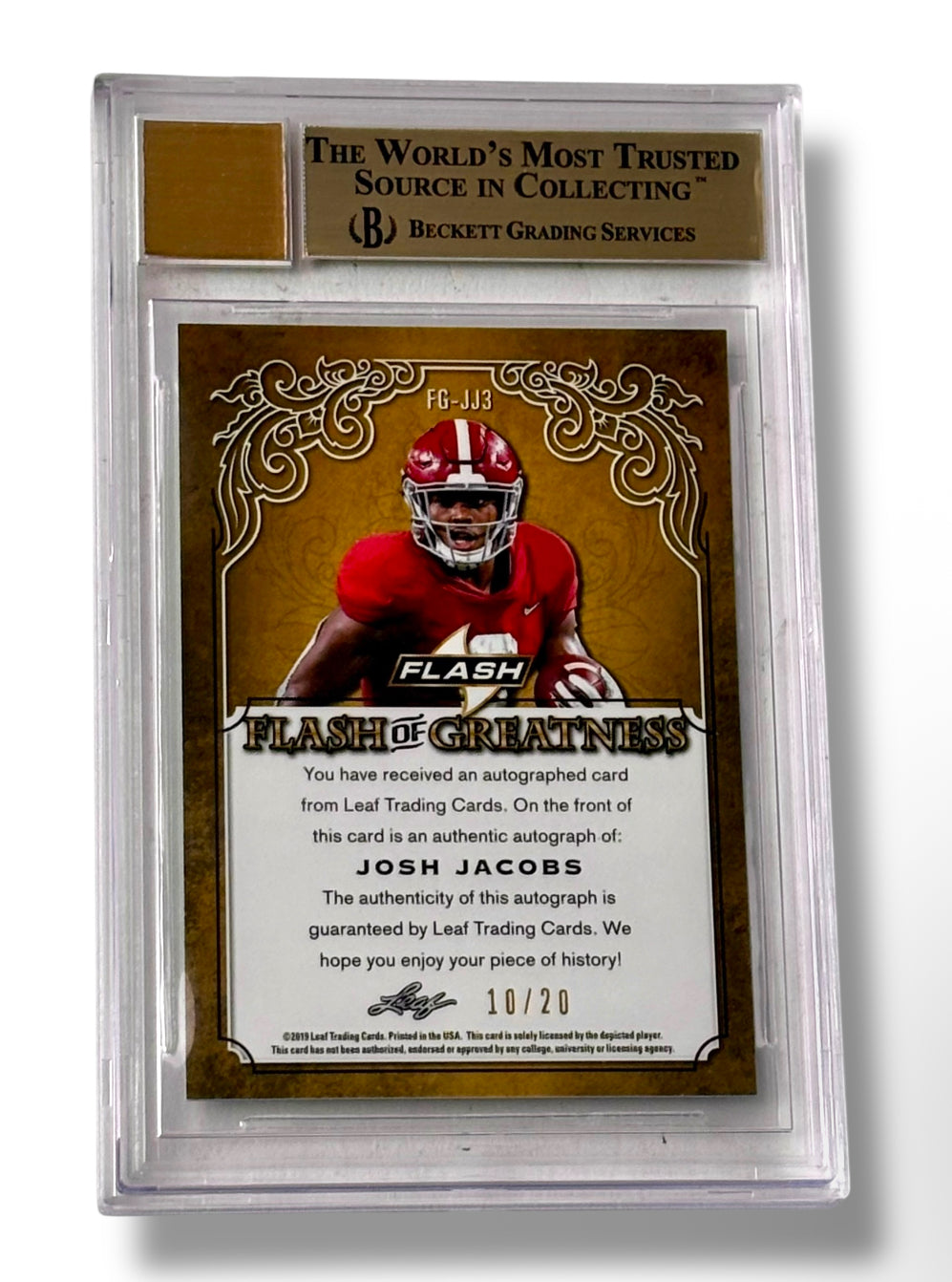 2019 Leaf Flash of Greatness Green /20 Josh Jacobs RC BGS 9.5 Auto 10 Pop 1! - 0012062806