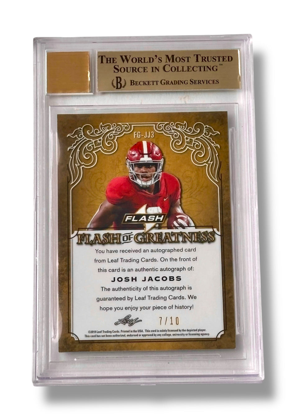 2019 Leaf Flash of Greatness Orange /10 Josh Jacobs RC Rookie BGS 9.5 Auto 10 - 0012062795