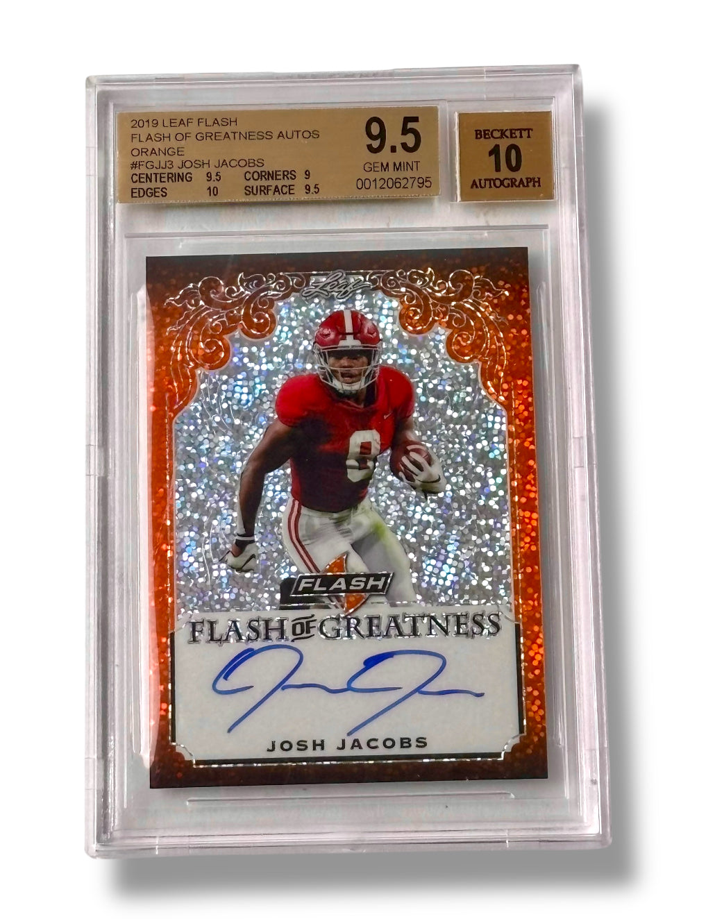 2019 Leaf Flash of Greatness Orange /10 Josh Jacobs RC Rookie BGS 9.5 Auto 10 - 0012062795