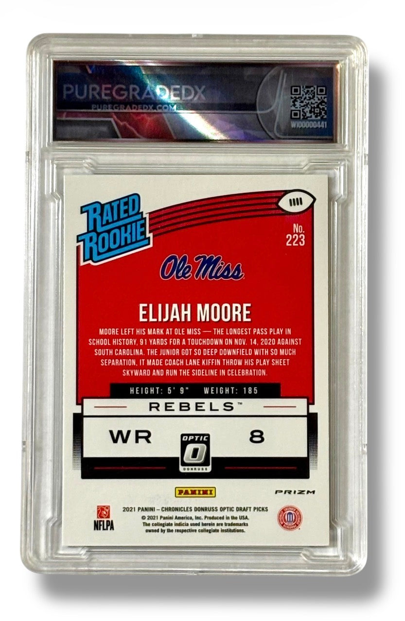2021 Chronicles Donruss Optic Green Prizm Rated Rookie Elijah Moore PureGradedX 10