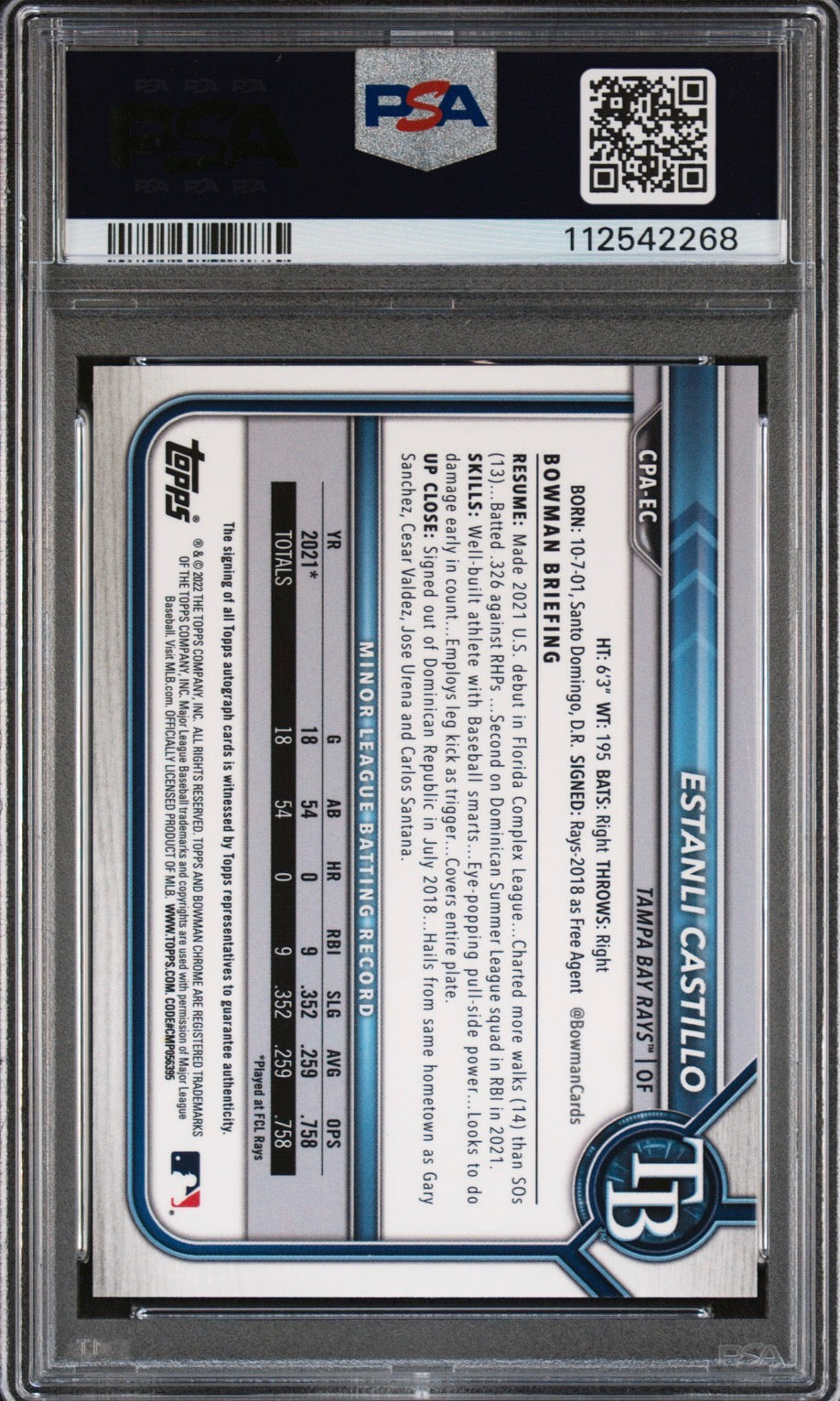 2022 Bowman Chrome Gold Shimmer /50 Estanli Castillo PSA Auth Auto 10 - 112542268