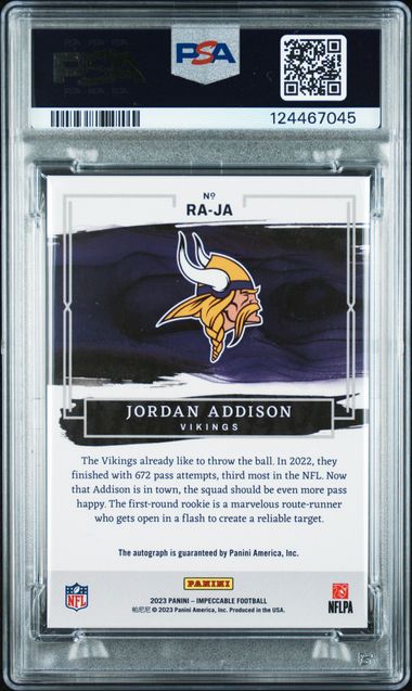 2023 Impeccable Gold /25 Jordan Addison RC Auth Auto PSA 9 Pop 1! - 124467045