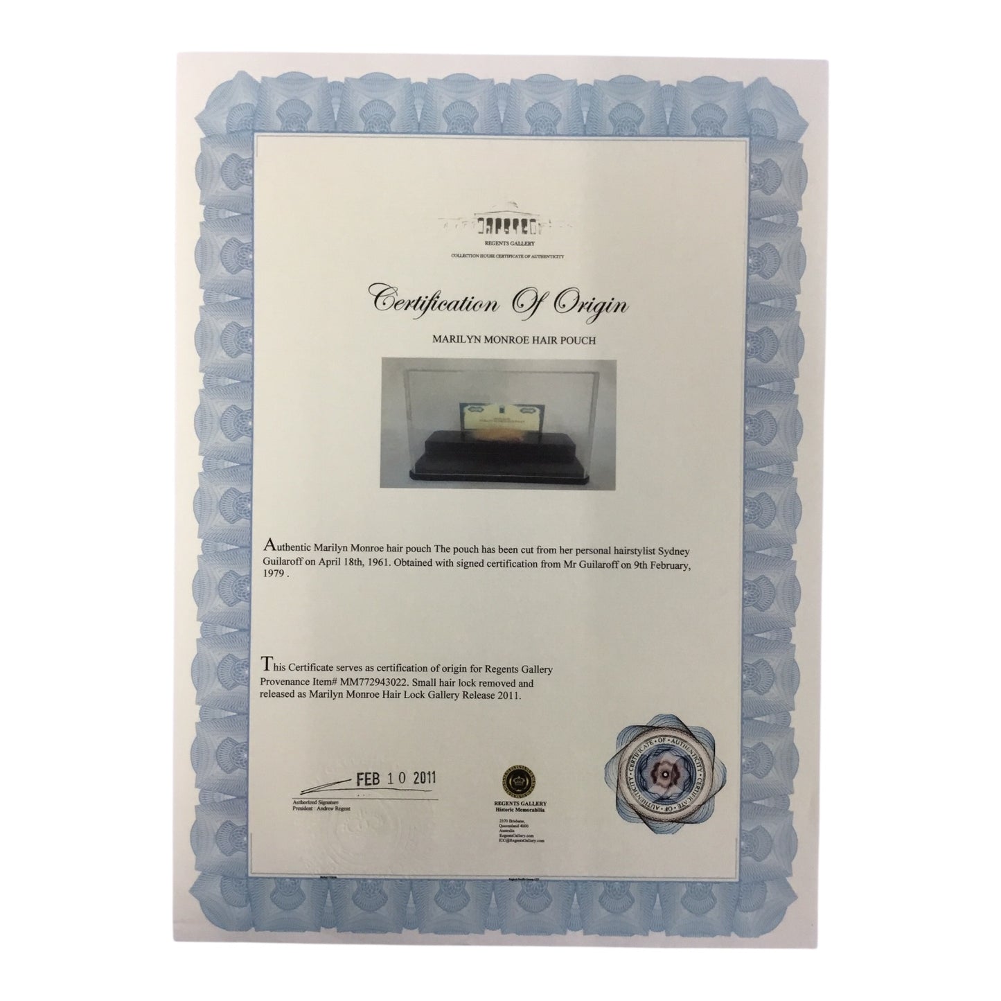 Marilyn Monroe Original Hair Lock with Used Dress Piece and COA