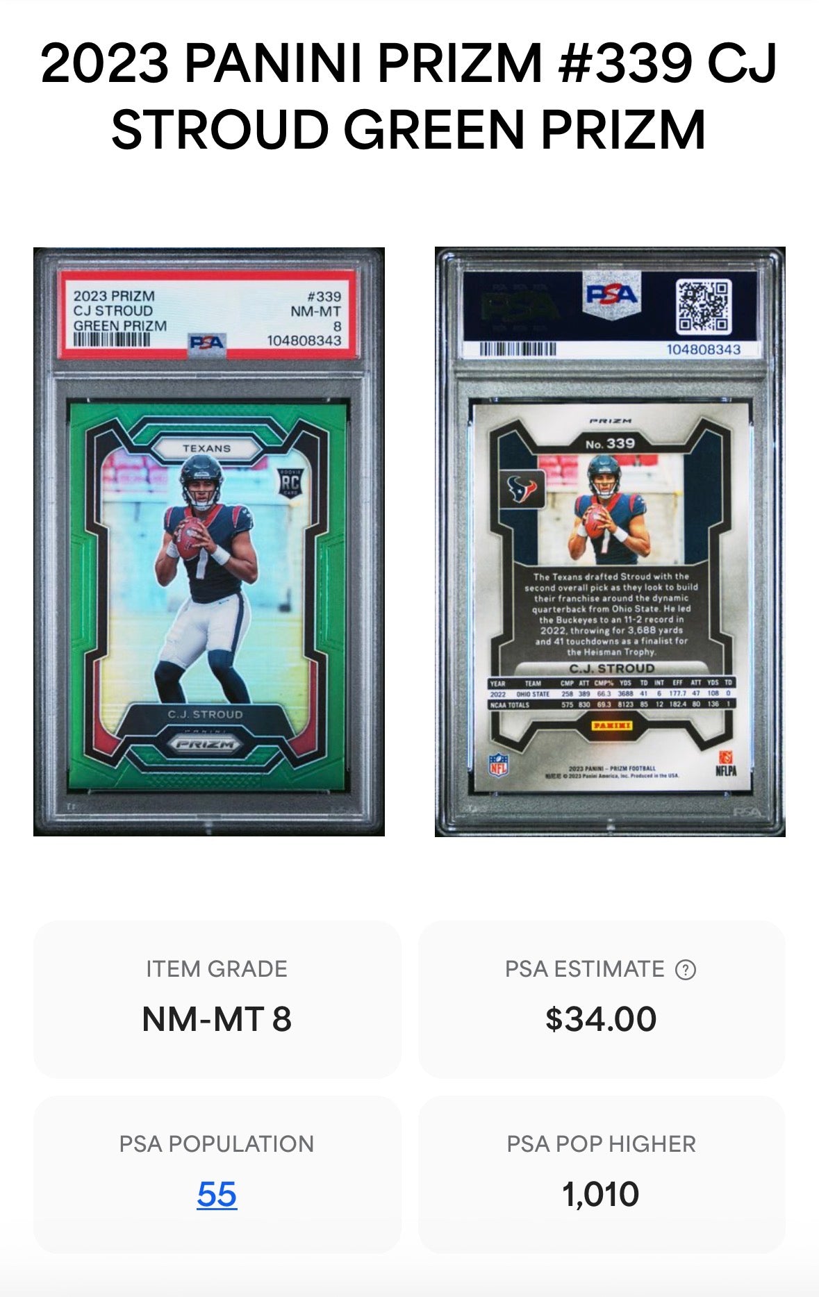 2023 Panini Prizm Rookie RC Green #339 CJ Stroud PSA 8 Pop 55! - 104808343