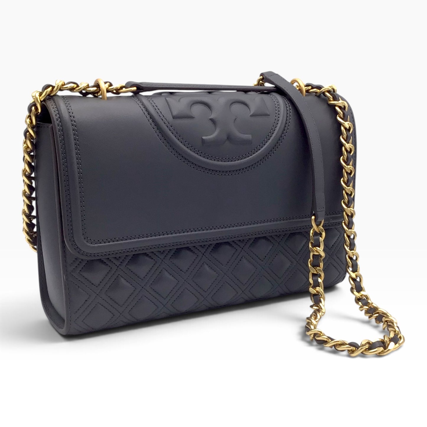Tory Burch Fleming Overcast Dark Gray Quilted Leather Crossbody Shoulder Bag – Silver Maple 43833 - Gold-Tone Hardware