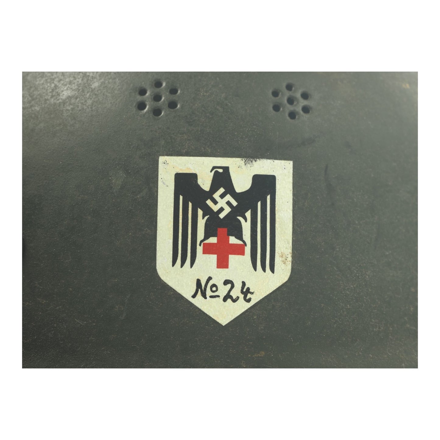 German WWII DRK Red Cross Double Decal Personnel Stahlhelm M34 "No. 24" Field Hospital Helmet