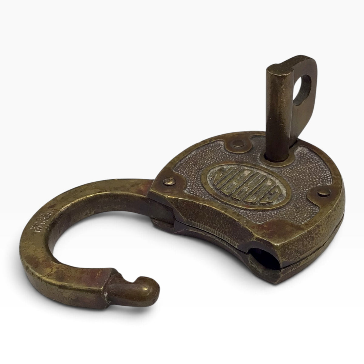 Antique CORBIN Cabinet Lock Co. Brass Padlock with Barrel-Style Key