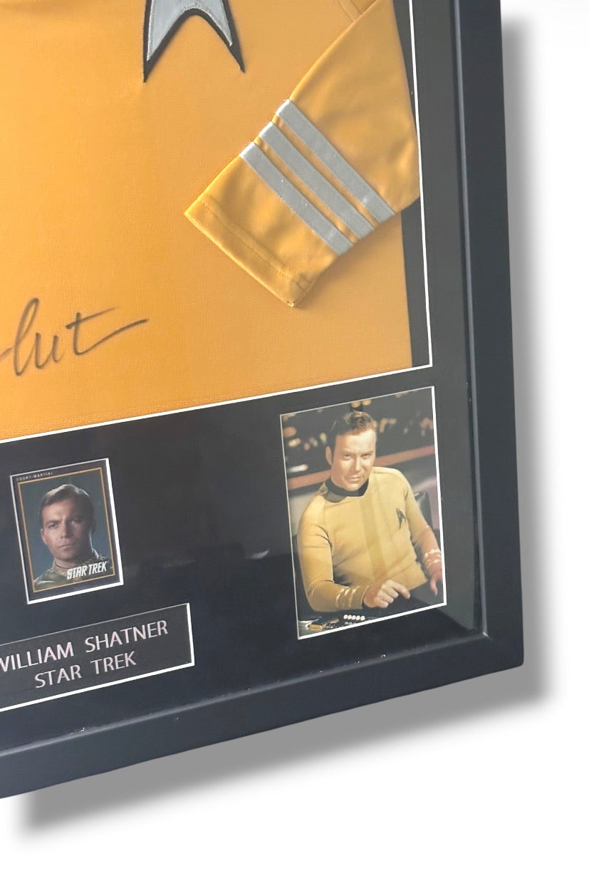 Framed Captain James T. Kirk Signed Uniform w/ JSA Cert & Court Martial Card