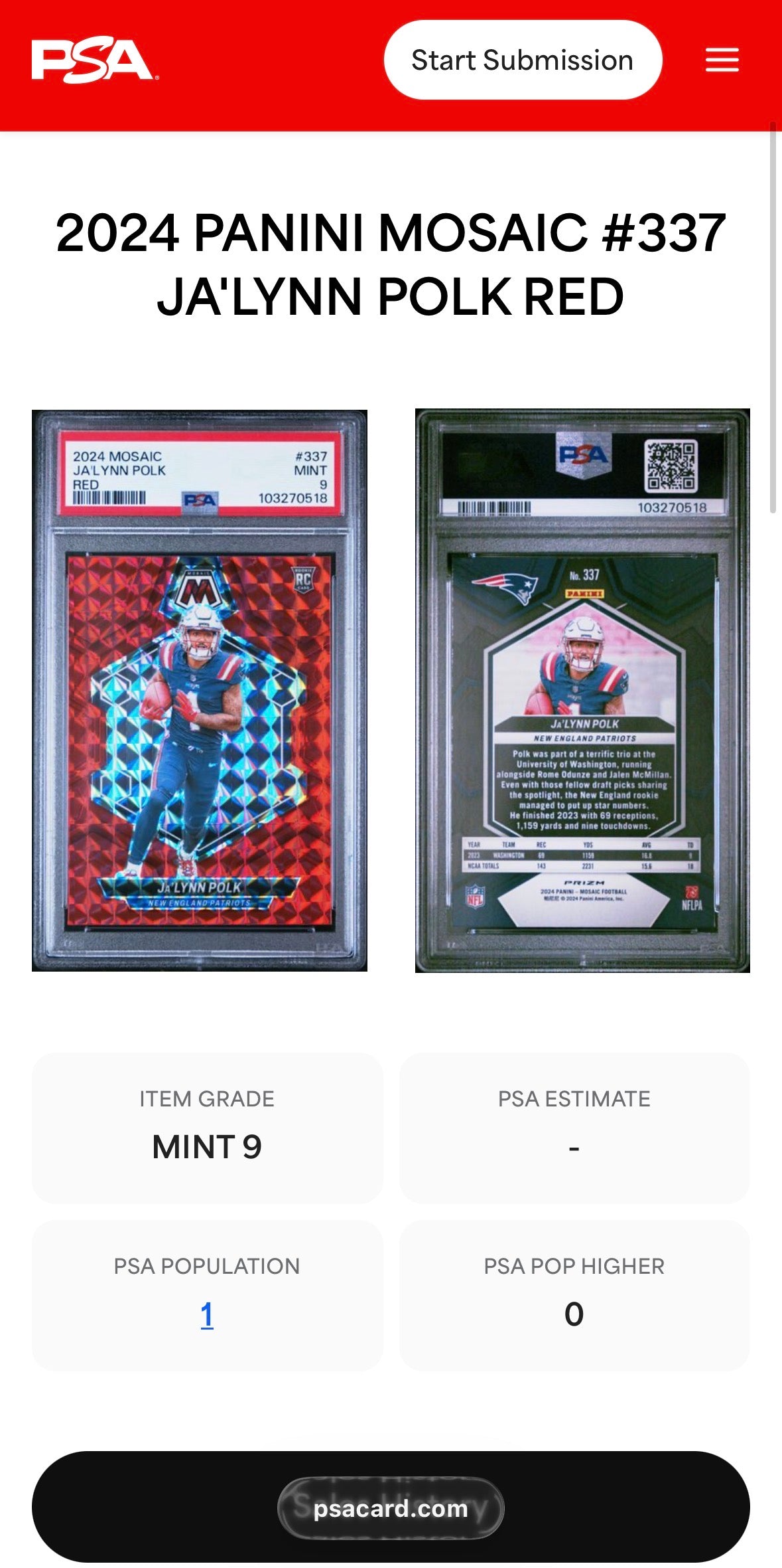 2024 Mosaic #337 Ja'Lynn Polk Rookie RC Red #337 PSA 9 Pop 1! - 103270518