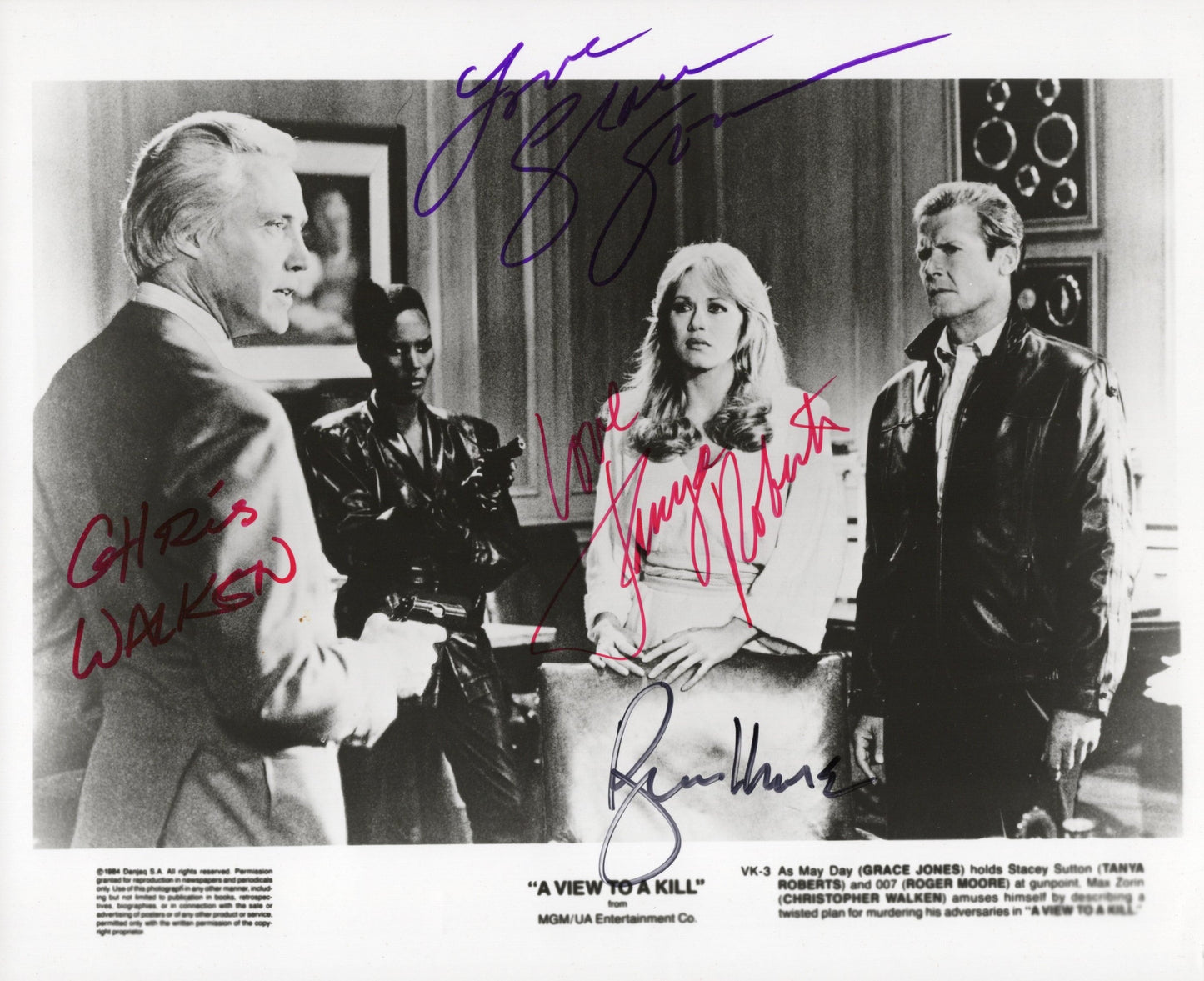 A View to a Kill Promo Sheet Signed Photo 8x10 – Christopher Walken, Roger Moore, Tanya Roberts, Grace Slick