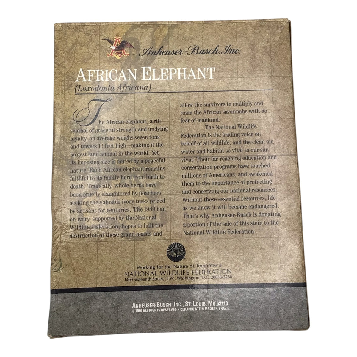 Budweiser African Elephant Stein - Endangered Species Series
