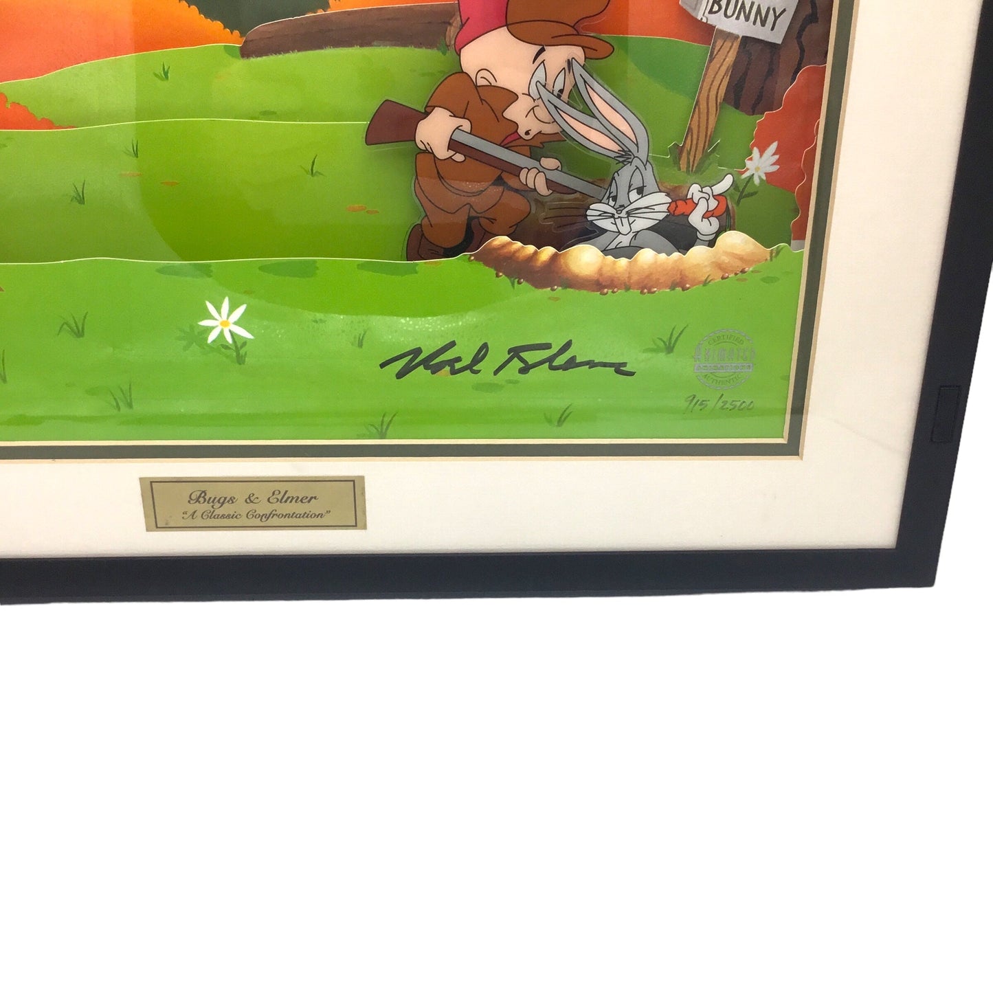 Animation cel signed Mel Blanc featuring Bugs Bunny and Elmer Fudd