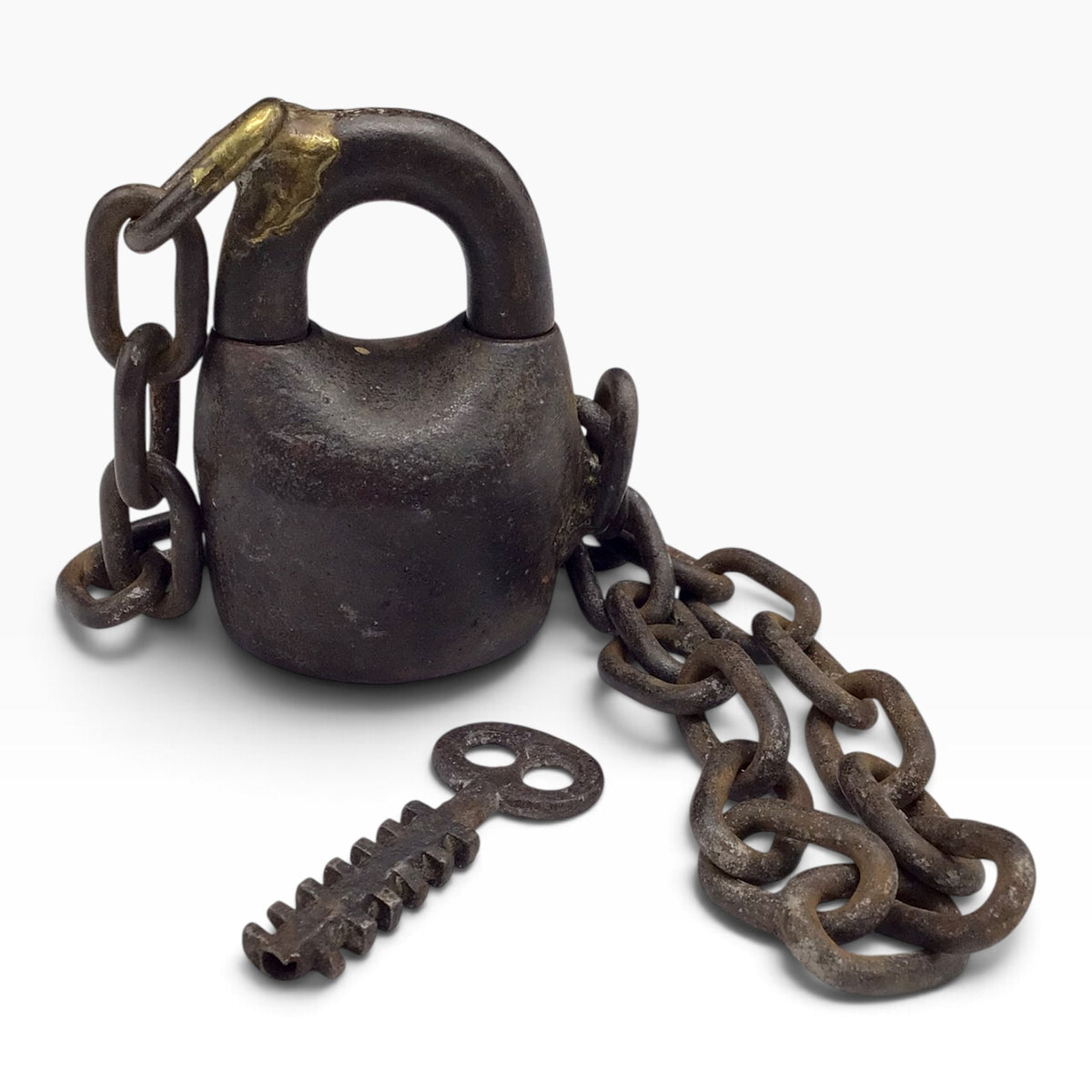 Antique Cast Iron Scandinavian Star Lock Padlock with Key and Attached Chain