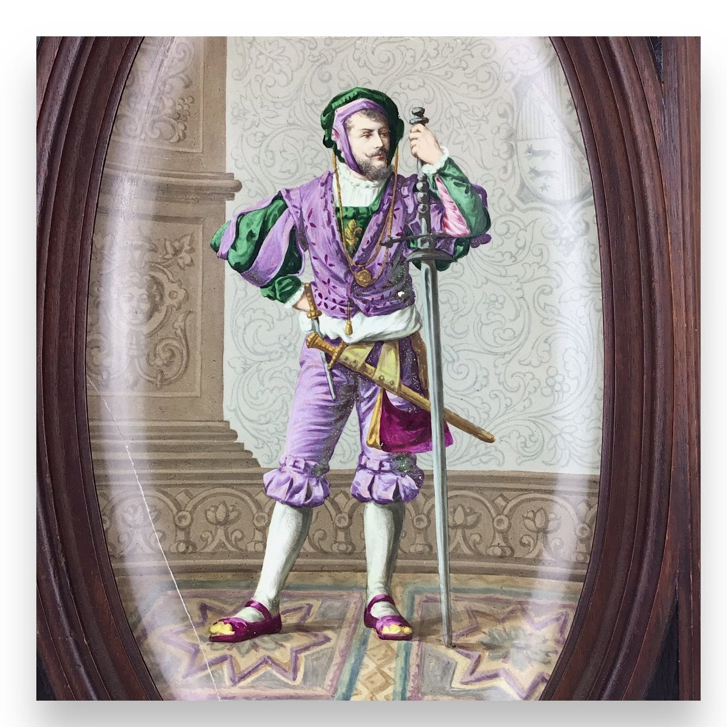 Antique German Porcelain Plaque of a Landsknecht Warrior, 19th Century