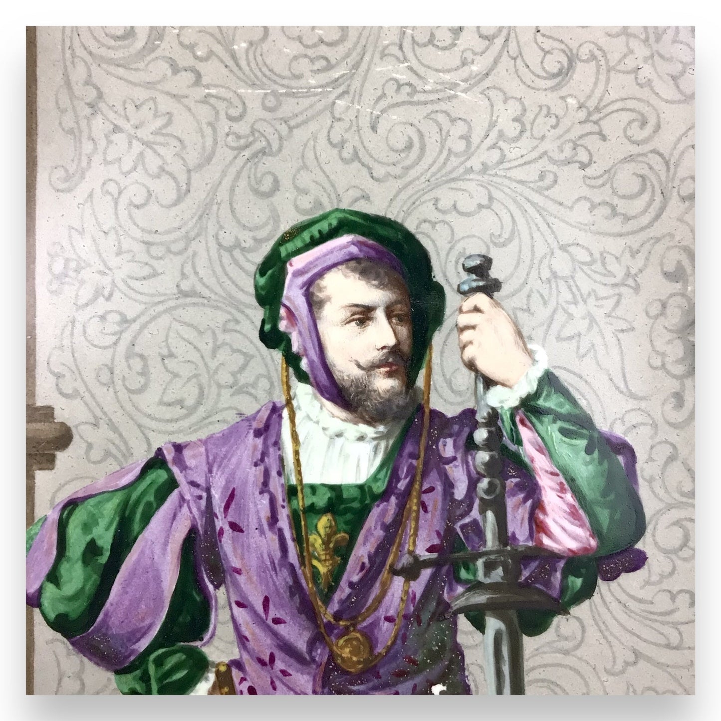 Antique German Porcelain Plaque of a Landsknecht Warrior, 19th Century