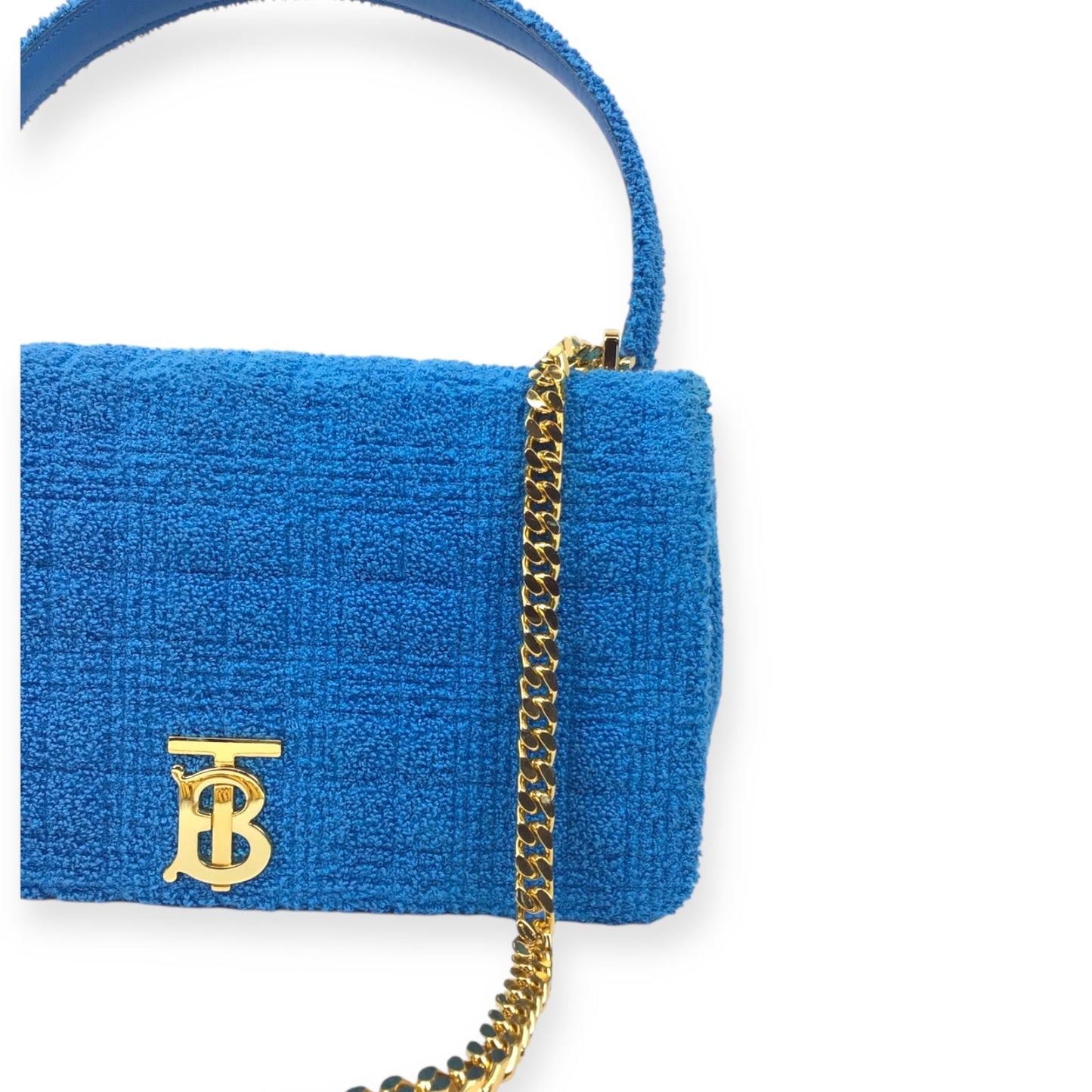 Authentic Burberry Lola Handbag - Blue Terry Cloth and Leather with Gold-Tone Hardware