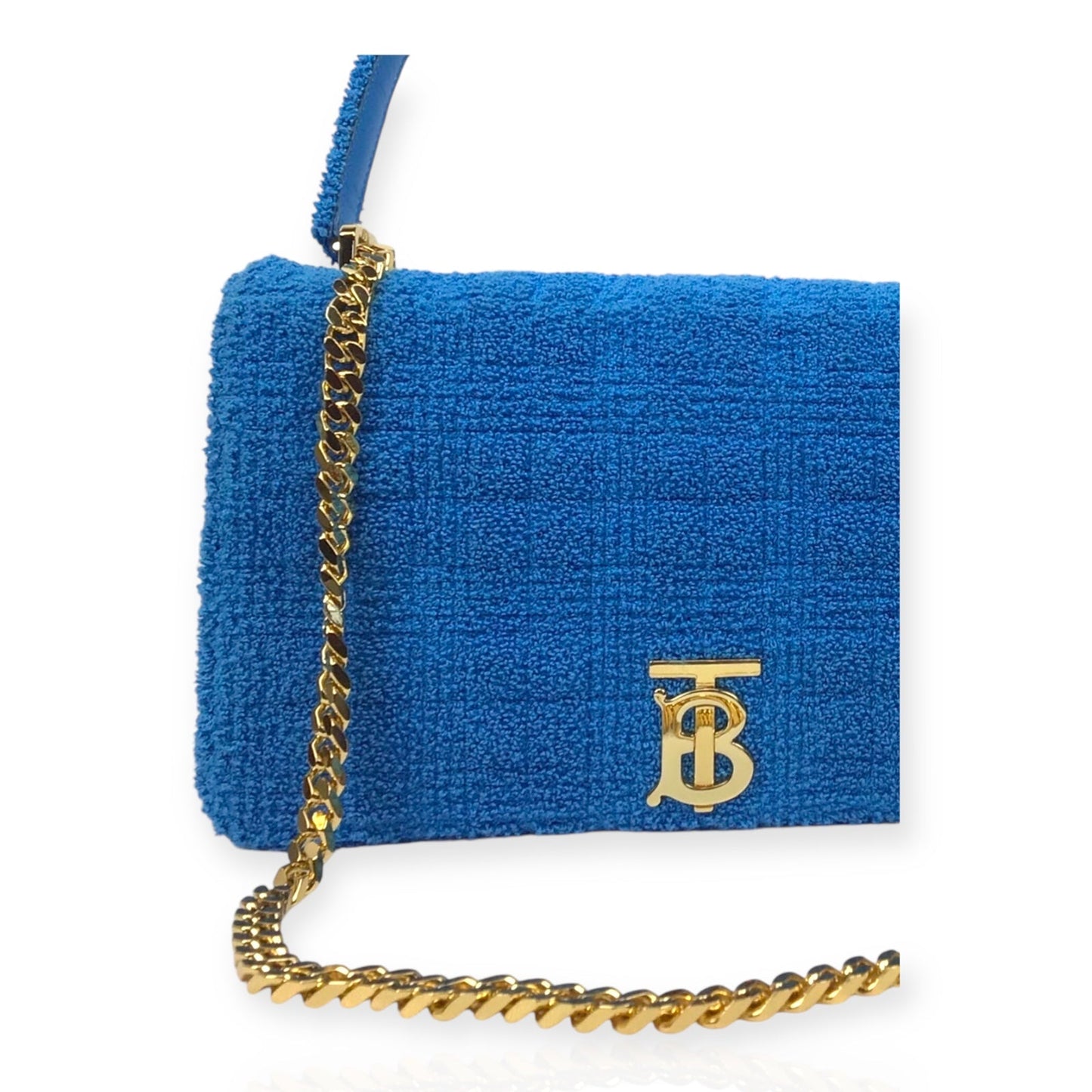 Authentic Burberry Lola Handbag - Blue Terry Cloth and Leather with Gold-Tone Hardware