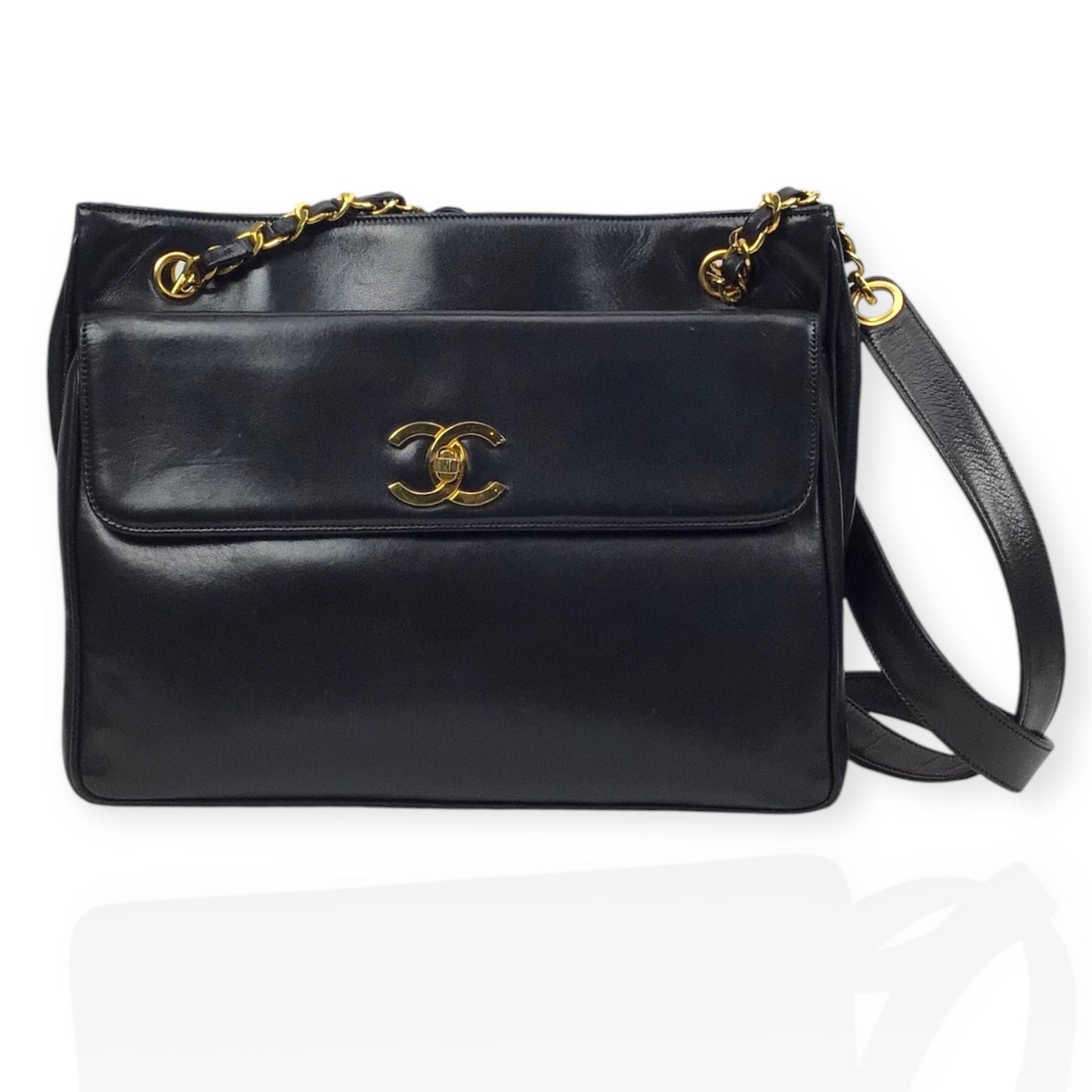 Authentic Chanel Classic Flap Bag Black Caviar Leather Gold Hardware