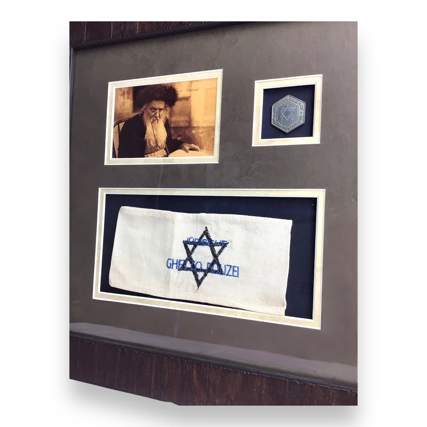 Authentic WW2 Jewish Ghetto Police Armband & Kielce Badge - Framed