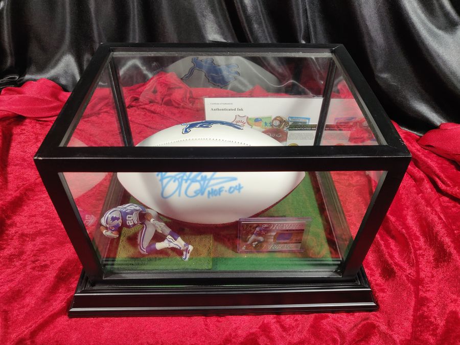 Barry Sanders Autographed Football Shadowbox HOF 04 Lions w/ Card & Figure