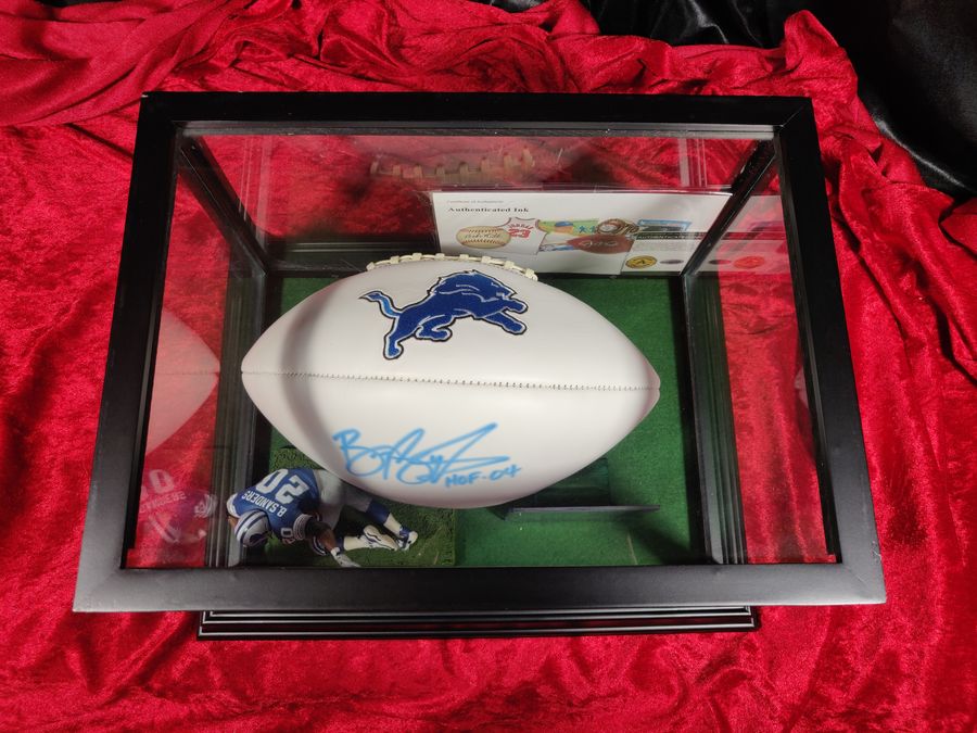Barry Sanders Autographed Football Shadowbox HOF 04 Lions w/ Card & Figure
