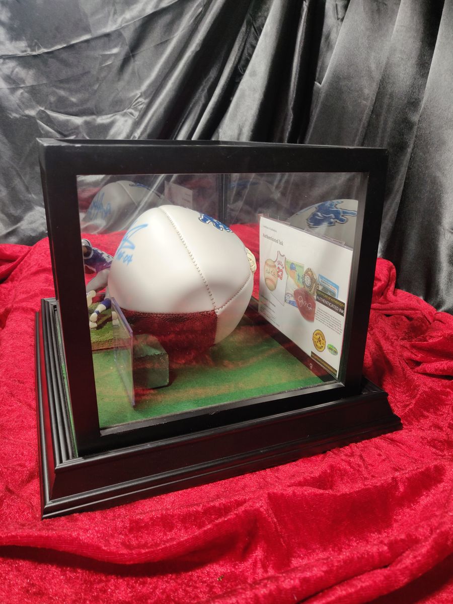 Barry Sanders Autographed Football Shadowbox HOF 04 Lions w/ Card & Figure