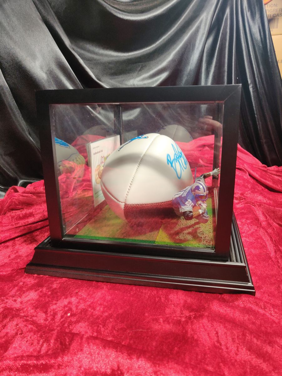 Barry Sanders Autographed Football Shadowbox HOF 04 Lions w/ Card & Figure