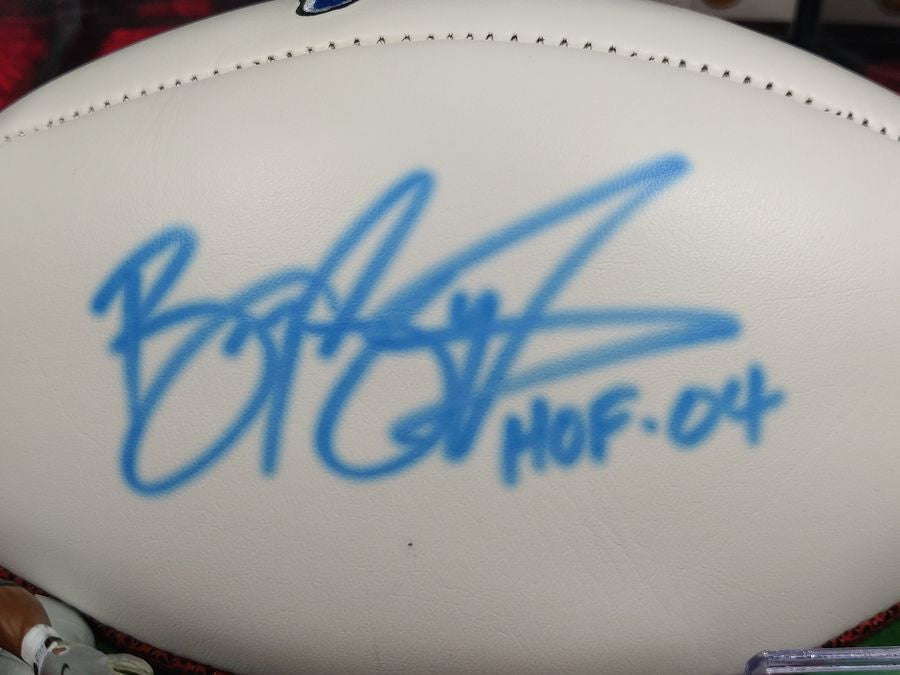 Barry Sanders Autographed Football Shadowbox HOF 04 Lions w/ Card & Figure