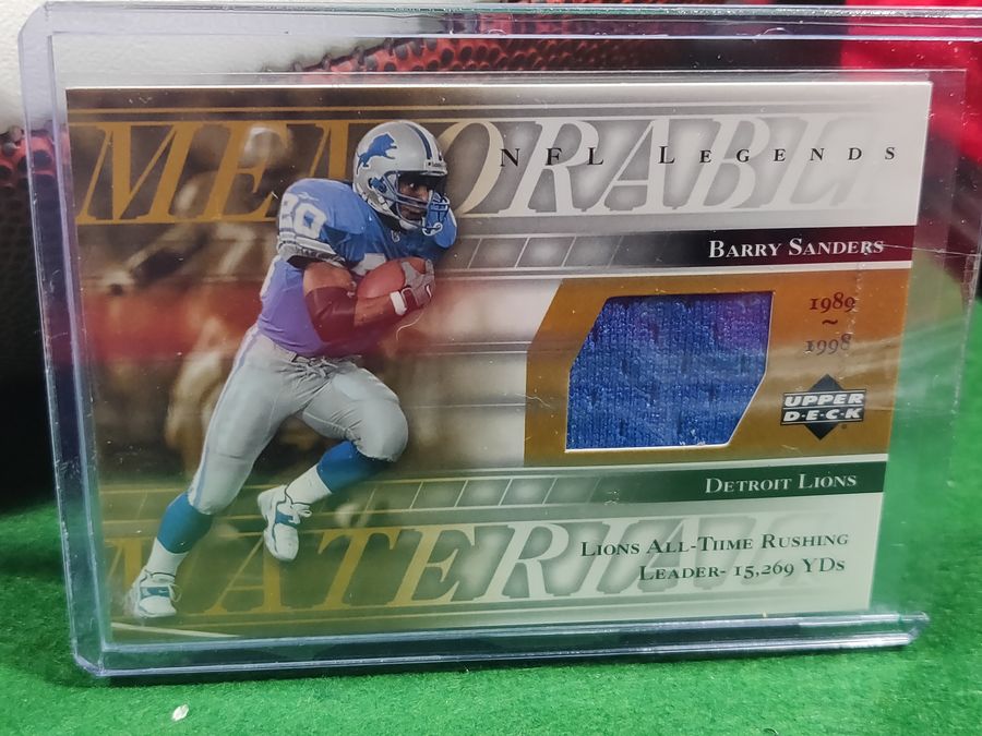 Barry Sanders Autographed Football Shadowbox HOF 04 Lions w/ Card & Figure